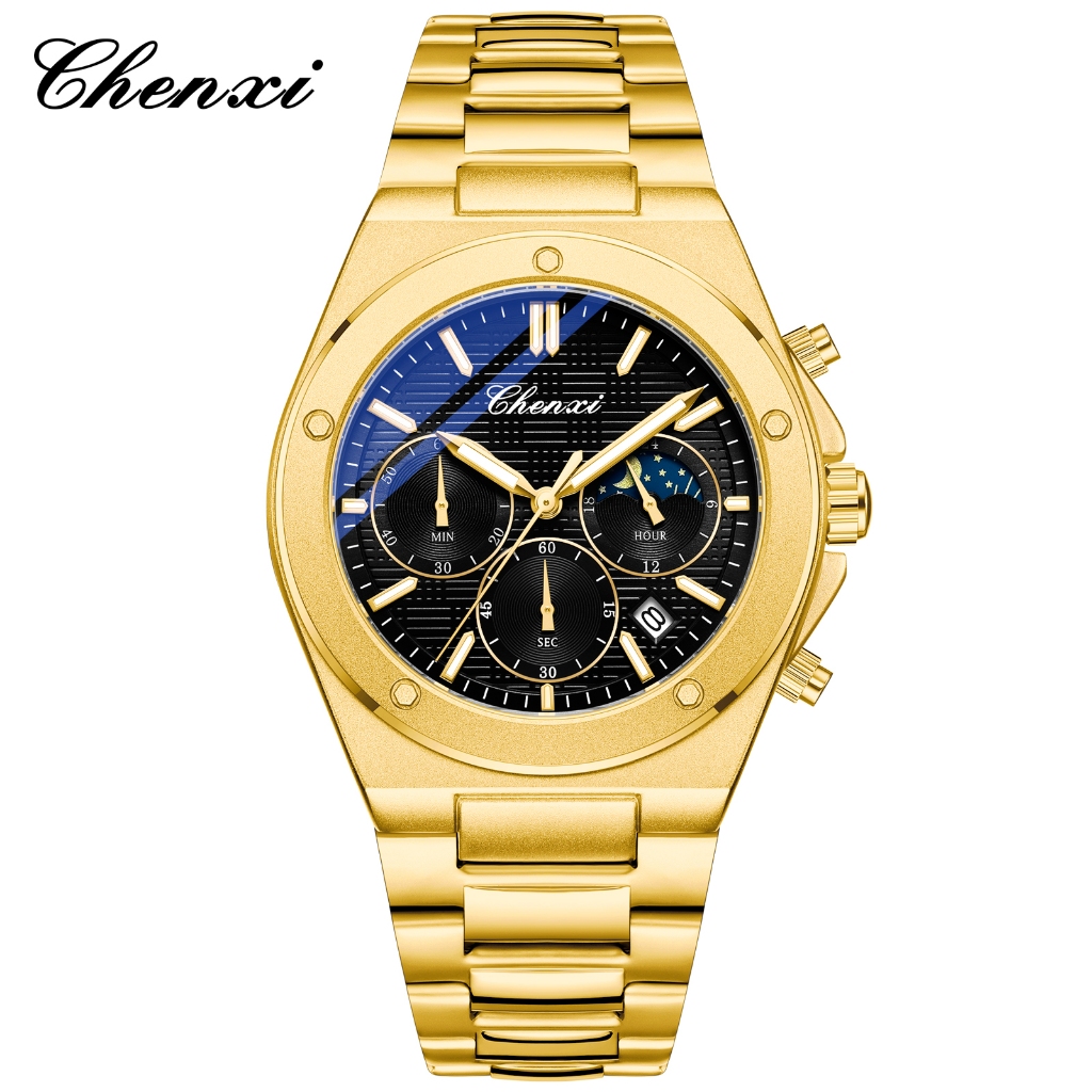 Reloj Hombre Luxury Gold Man นาฬิกาข้อมือแฟชั่น Chronograph Moon Phase วันที่จอแสดงผลส่องสว่าง