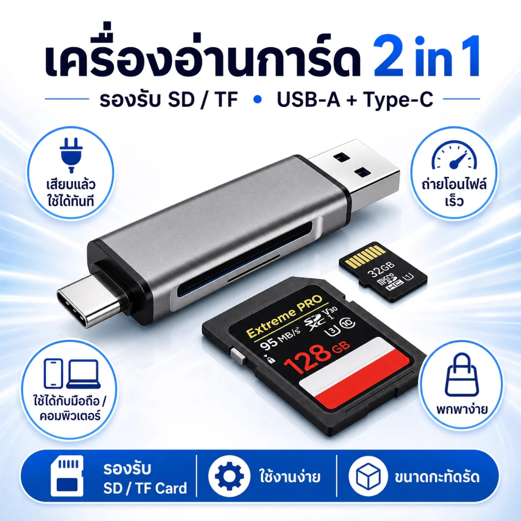 2 in 1 SD TF Card Reader USB Type C USB 3.0 OTG การ์ดหน่วยความจำ TF SD Micro SD Windows PC แล็ปท็อป