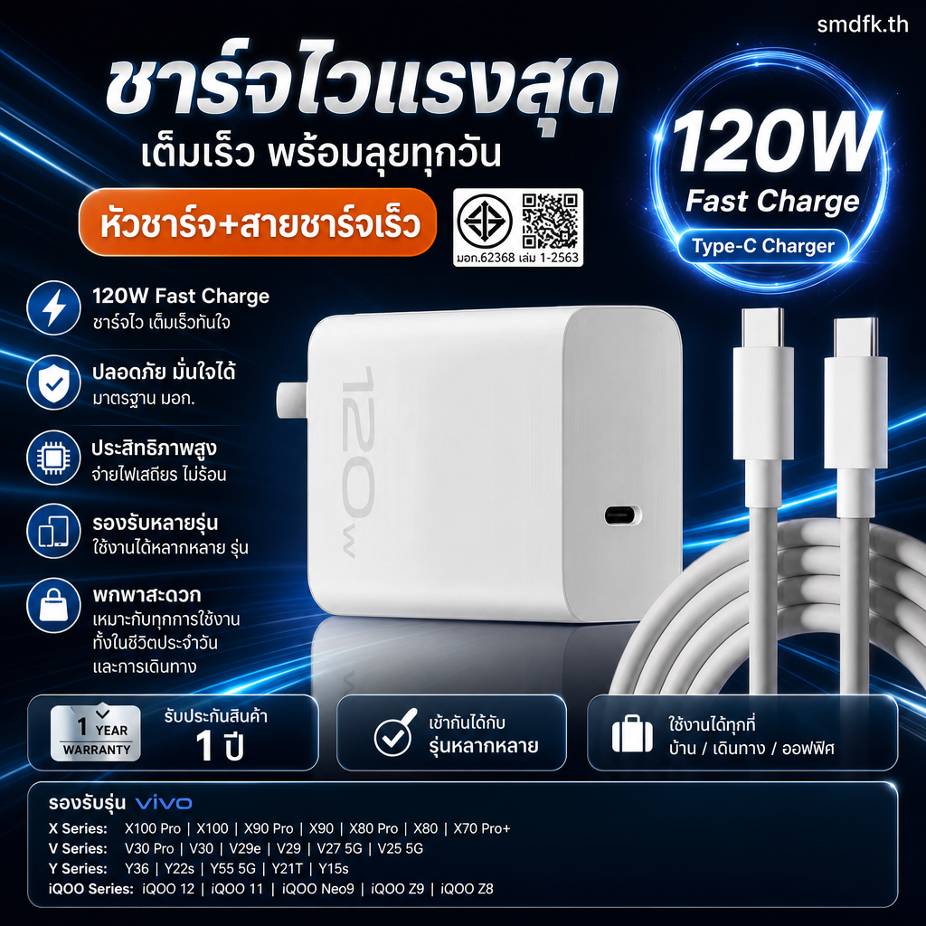 หัวชาร์จเร็ว Type-C 120W 4A Duo Engine USB-C สำหรับ V50 X200Pro V40 V28 V23 Y72 ใช้บ้าน ออฟฟิศ เดินท