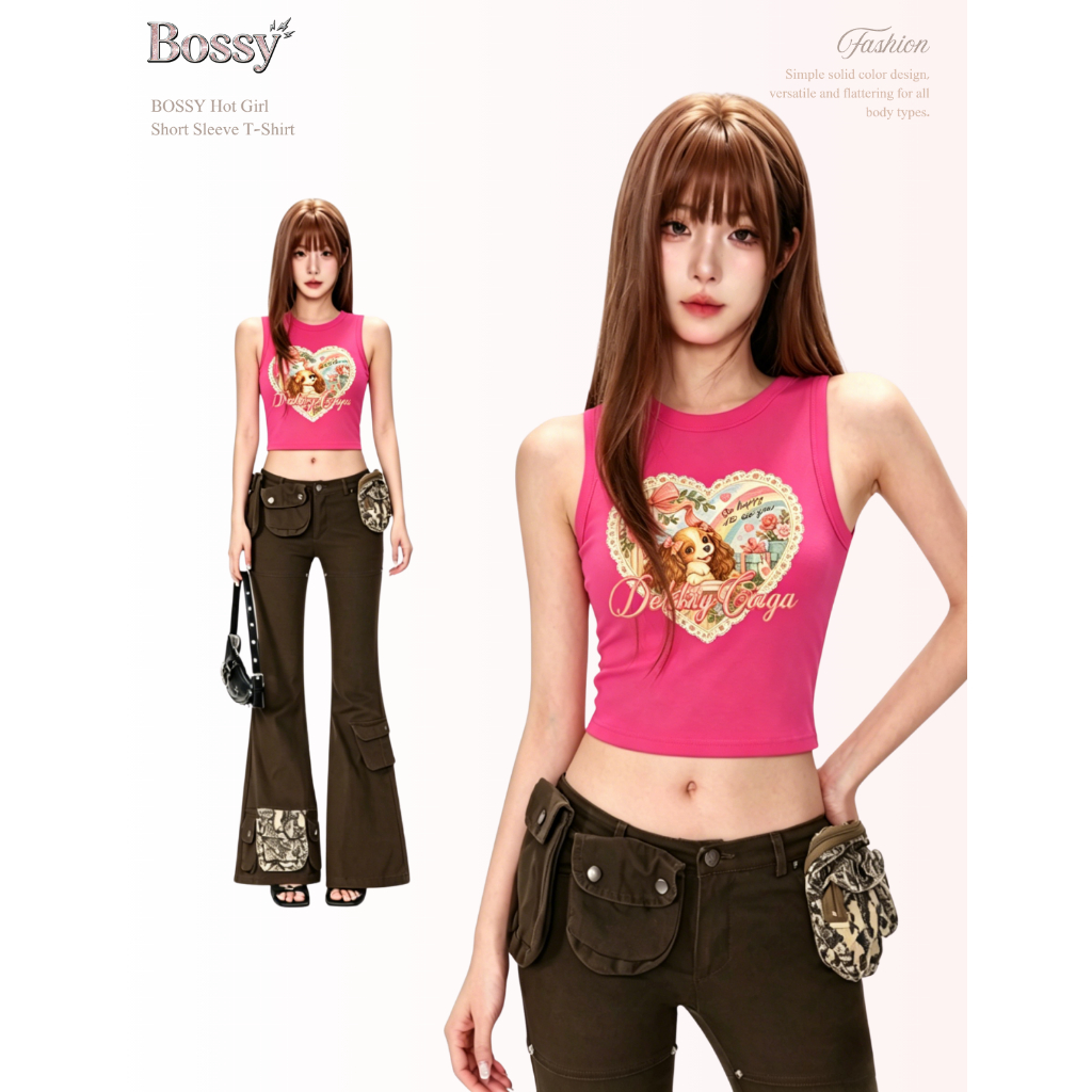 BOSSY เสื้อกล้ามสาวแซ่บ ลายสุนัขโบว์ตัวอักษร สไตล์อเมริกันวินเทจ ผ้าฝ้าย100%#C+5525