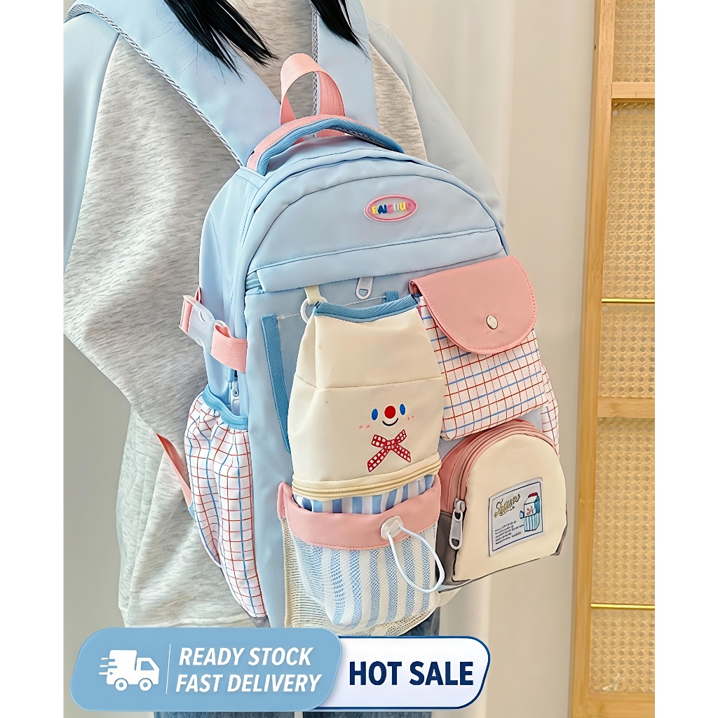 กระเป๋าเป้สะพายหลัง Kawaii Aesthetic สําหรับผู้หญิง | Y2K Clean Girl School Bag | กระเป๋าเป้สะพายหลังน่ารักผ้าสังเคราะห์คุณภาพสูงหลายกระเป๋า