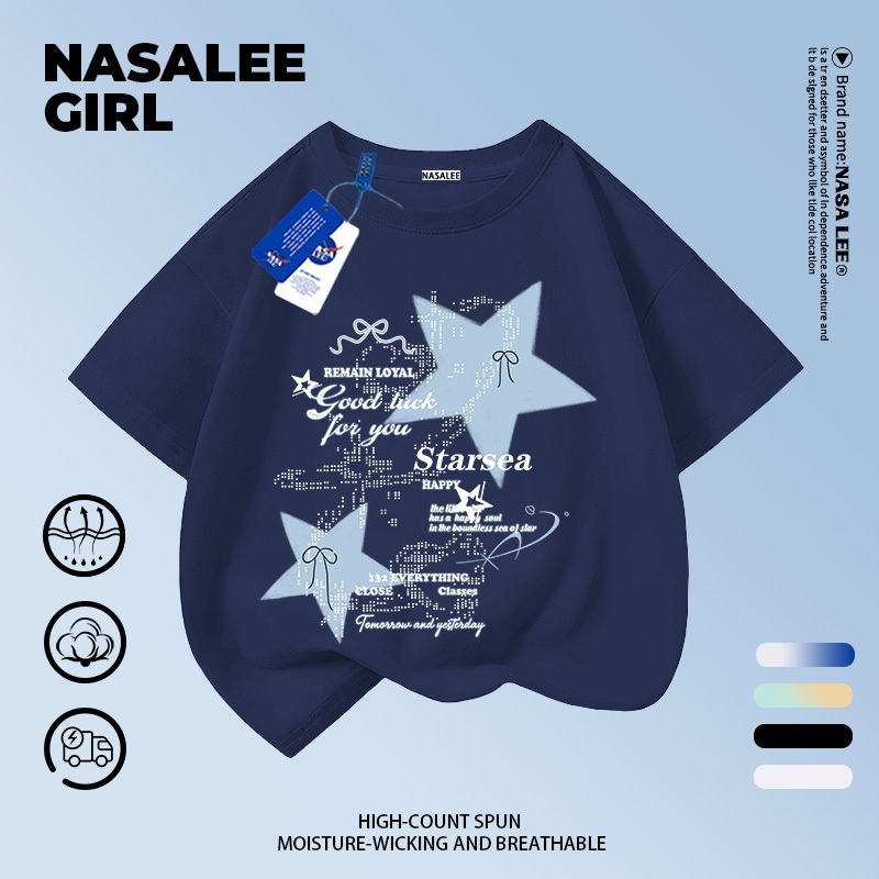[จัดส่งจากกรุงเทพ] เด็กผ้าฝ้ายสีกรมท่าเสื้อยืดการ์ตูนการออกแบบรู้สึกดาวสนุกพิมพ์ฤดูร้อนระบายอากาศเสื้อผ้าแขนสั้นเหมาะสําหรับ3-16ชายหญิง