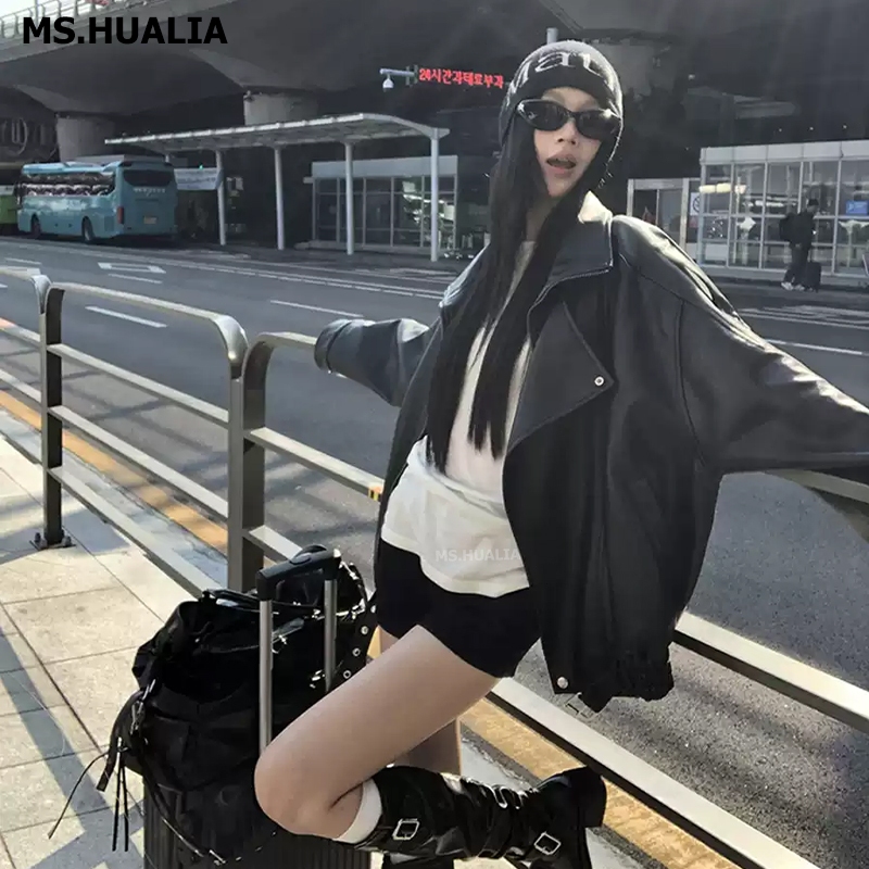 ส่งจากไทย เสื้อคลุม แจ็คเก็ตหนัง แจ็คเก็ตหนังตัวยาว Leather Jacket แจ็คเก็ตหนัง เสื้อสีดําเสื้อมอเตอร์ไซค์ย้อนยุคพร้อมปลอกคอ ปู่ แบบพับได้สุภาพสตรี