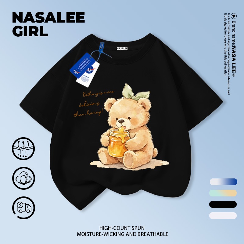 [กรุงเทพฯ จัดส่ง] เด็กผ้าฝ้ายสีดําเสื้อยืดการ์ตูนการออกแบบความรู้สึกหมีสนุกพิมพ์ฤดูร้อนเสื้อผ้าระบายอากาศแขนสั้นเหมาะสําหรับ 3-16ชายหญิง