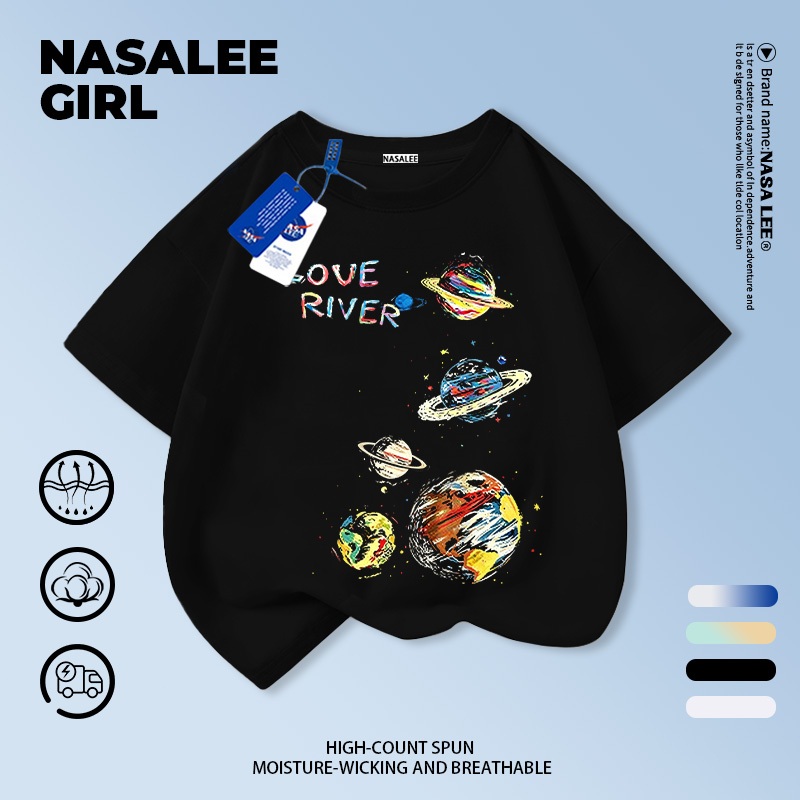 [กรุงเทพฯ จัดส่ง] เด็กผ้าฝ้ายสีดําเสื้อยืดการออกแบบการ์ตูนรู้สึกสีเขียวตาสนุกพิมพ์ฤดูร้อนระบายอากาศเสื้อผ้าแขนสั้นเหมาะสําหรับ3-16ชายหญิง