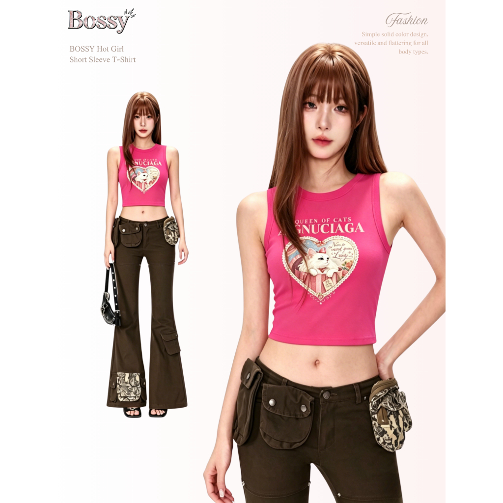 BOSSY เสื้อกล้ามสาวแซ่บ ลายแมวน่ารักตัวอักษร สไตล์อเมริกันวินเทจ ผ้าฝ้าย100%#C+5527