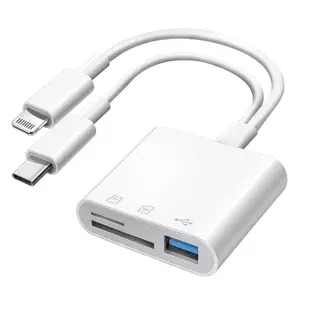 เครื่องอ่านการ์ด SD สําหรับ iPhone Android, เครื่องอ่านการ์ดขั้วต่อ iOS คู่ในตัวและ USB C พร้อม USB-A/SD/MicroSD 3 ช่อง, ไม่ต้องแอปพลิเคชั่น Plug and Play