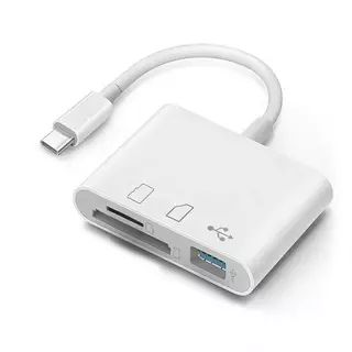 เครื่องอ่านการ์ด SD สําหรับ iPhone Android, เครื่องอ่านการ์ดขั้วต่อ iOS คู่ในตัวและ USB C พร้อม USB-A/SD/MicroSD 3 ช่อง, ไม่ต้องแอปพลิเคชั่น Plug and Play