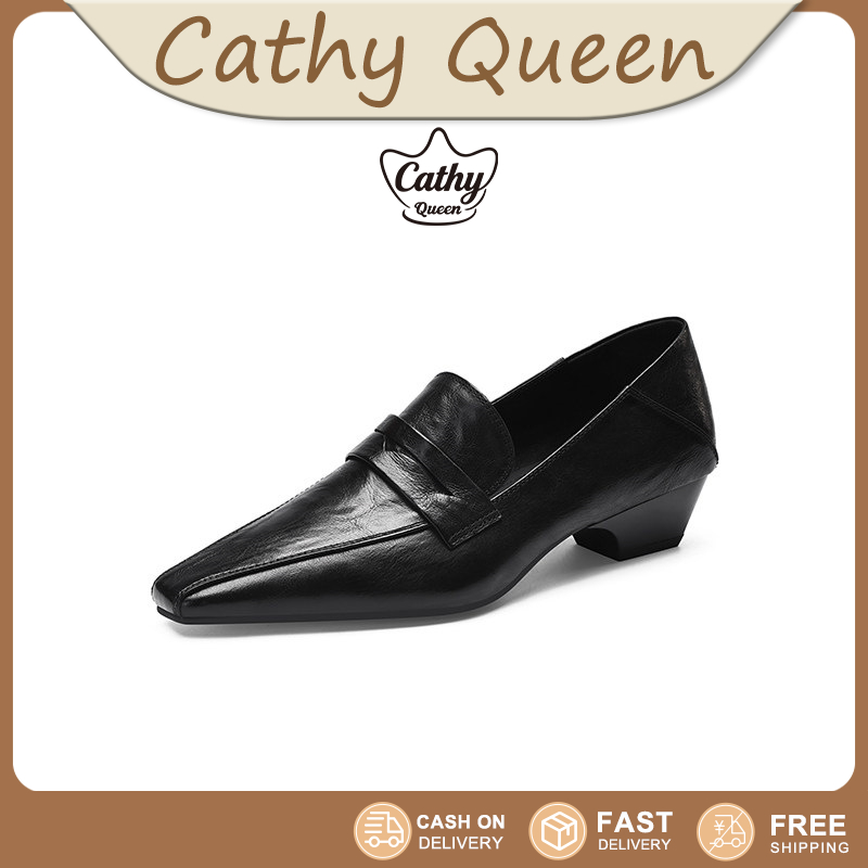 Cathy Queen Leather shoes รองเท้าส้นสูงแฟชั่นฤดูร้อนใหม่ สีทึบ หรูหรา ส้นสูง 3.5 ซม. รองเท้าส้นสูงผู