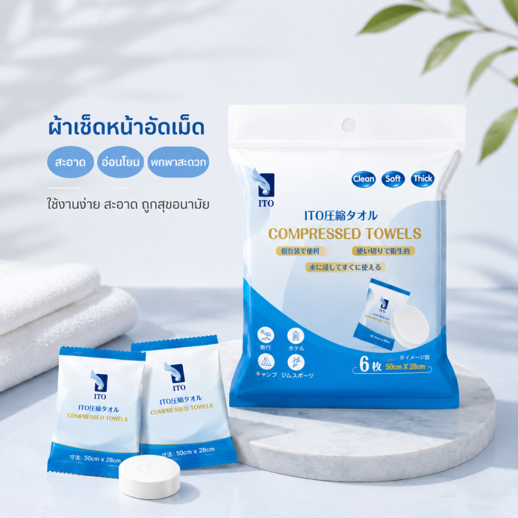 ITO ผ้าขนหนูบีบอัด 6 แผ่นแบบพกพาขนาดใหญ่ 50x28 ซม. EF หนา Travel ฟรีของขวัญ