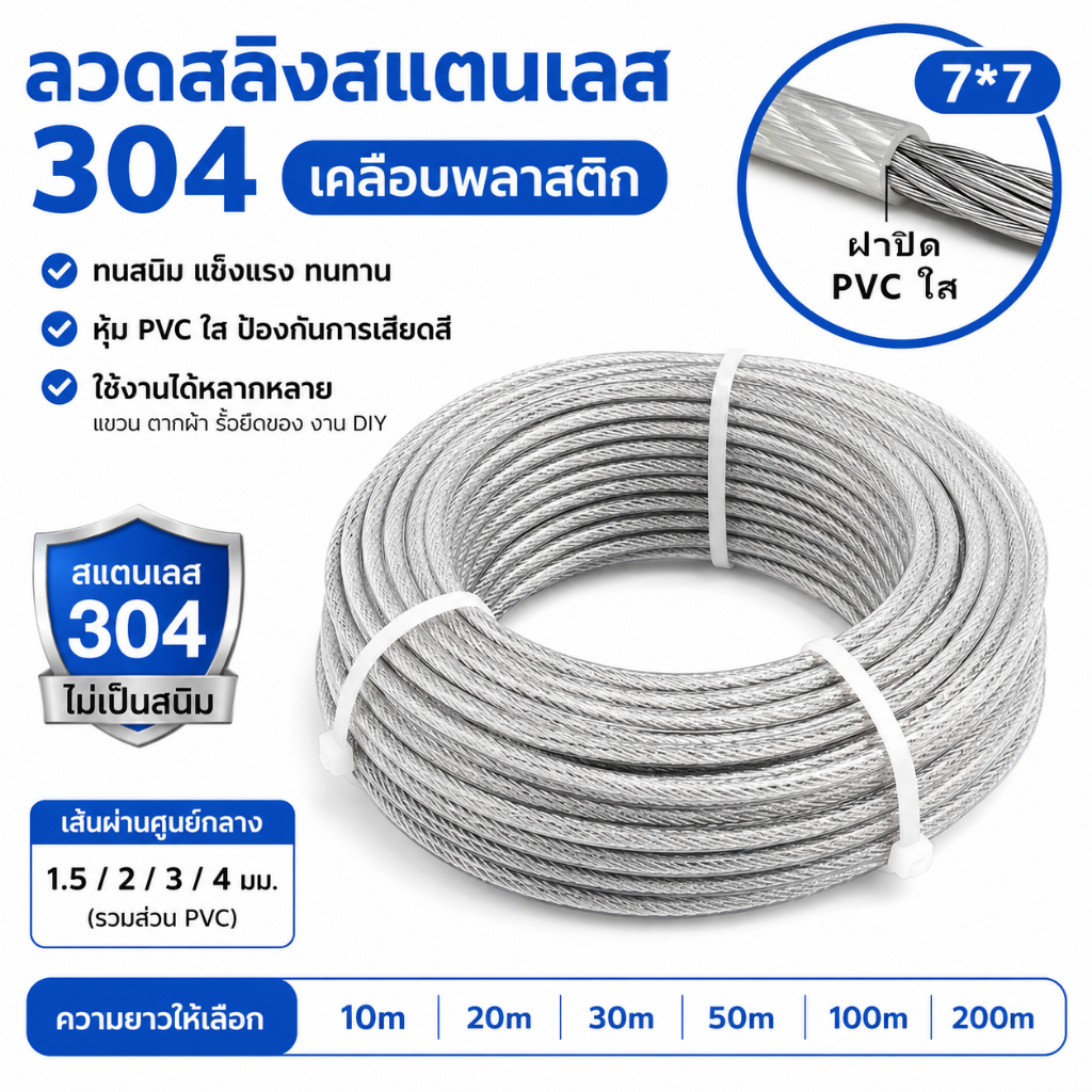 ลวดสลิงเคลือบพลาสติก หุ้มพลาสติกใส PVC สลิงชุบหุ้มพีวีซี  ลวดสลิงเหล็กเคลือบพลาสติก 304  ขนาด 1.5 2 3 มม.ความยาว 50/100/200 เมตร（จัดส่งจากกรุงเทพฯ）