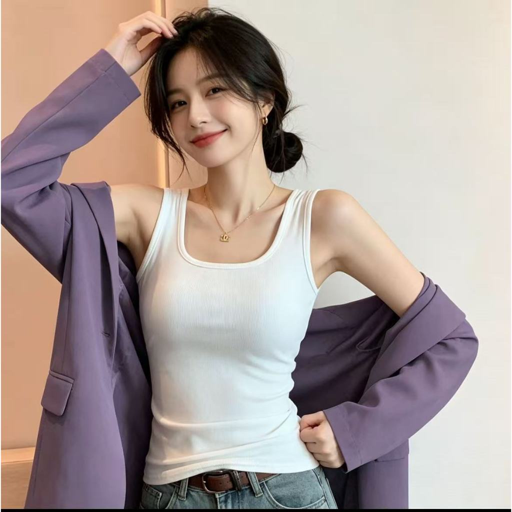 เสื้อกล้ามสายกว้าง U-neck ใหญ่ สไตล์-basic สำหรับฤดูร้อน