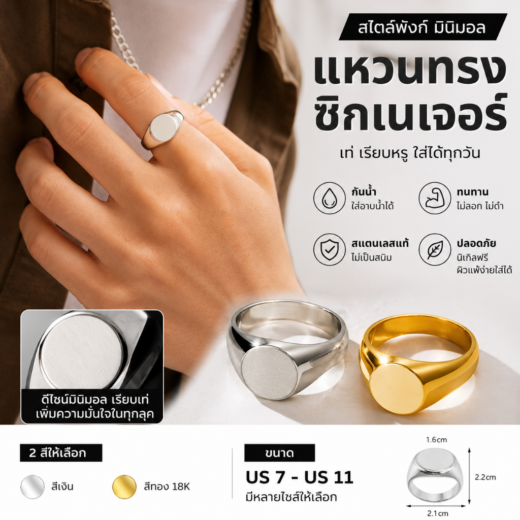 ZHENLแหวนตราประทับลายสแตน 1.6ซม. 316Lสแตนเลสแท้ ชุบ18K 2สี ไซส์ใหญ่ถึงUS11 ไม่ลอกไม่ดำ ไม่แพ้ผิว กันน้ำ คูล ของขวัญแฟน แฟนผู้ชาย