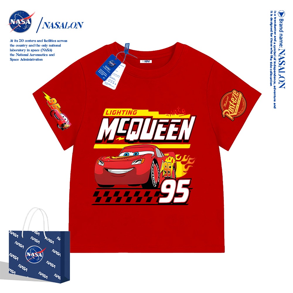 NASA เสื้อยืดเด็กแขนสั้น ผ้าฝ้าย 100% เสื้อเด็กผู้ชาย Lightning McQueen ลายการ์ตูน ระบายอากาศดี สำหรับเด็กอายุ 1-12 ปี