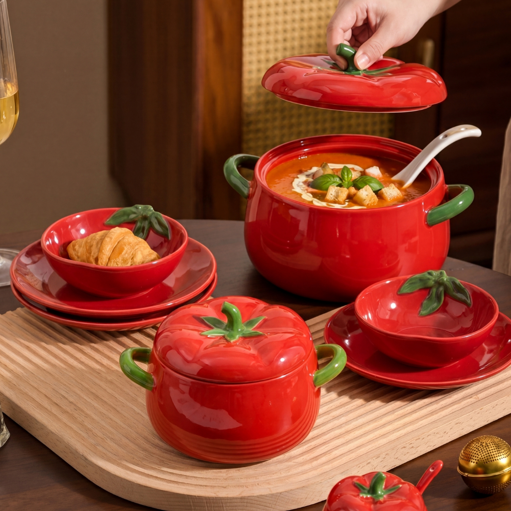 HongDian ceramic porcelain pot bowl หม้อเซรามิกรูปมะเขือเทศสีแดง ชามซุปพร้อมฝาปิด ดีไซน์หูจับสองข้าง ทำจากวัสดุเกรดอาหาร ปลอดภัย สีไม่หลุด ทนความร้อนได้สูง ใช้กับไมโครเวฟและเตาอบได้ ล้างด้วยเครื่องล้างจานได้ เป็นของใช้ในบ้านที่เหมาะมาก สวยงามและใช้งานได้จ