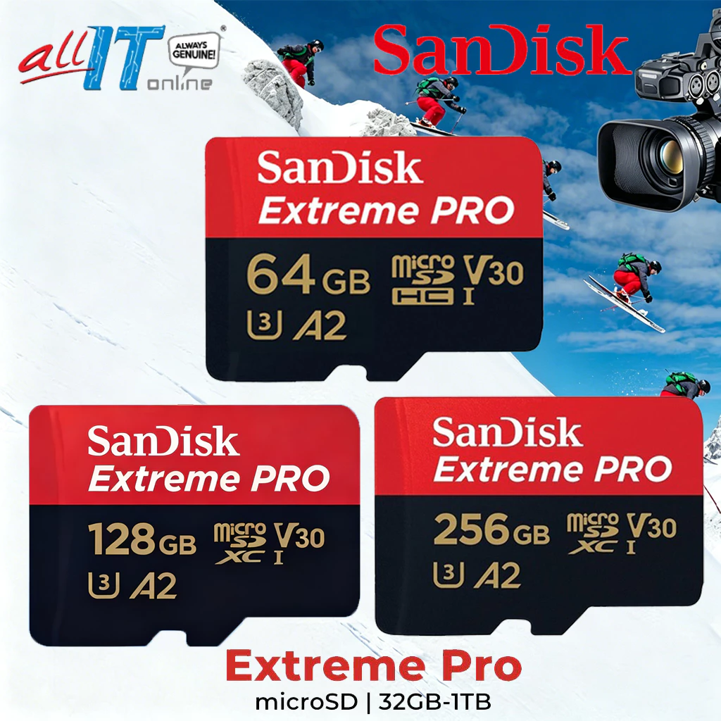 SanDisk Extreme Pro MicroSD การ์ด 1TB, 512GB, 256GB, 128GB | ความเร็วอ่าน 200MB/s | UHS-I U3 V30 | ทนทานสูง สำหรับวิดีโอ 4K/8K, CCTV และเกมมิ่ง