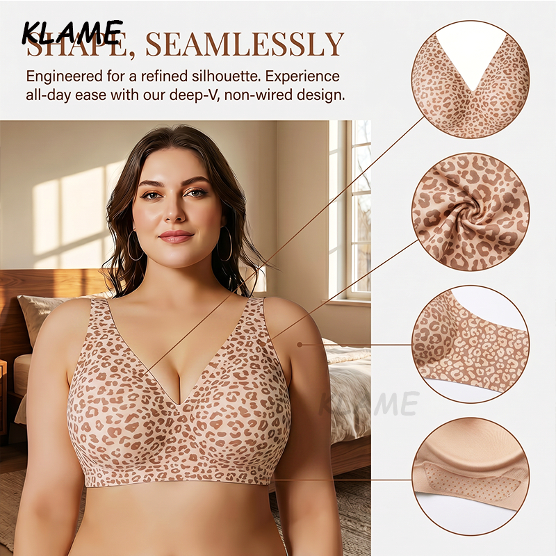 KLAME S-3XL Plus ขนาดผู้หญิงเสือดาวพิมพ์ลวดฟรี Push-up ลึก V คอไม่มีรอยต่อ Jelly Bra KLM1658