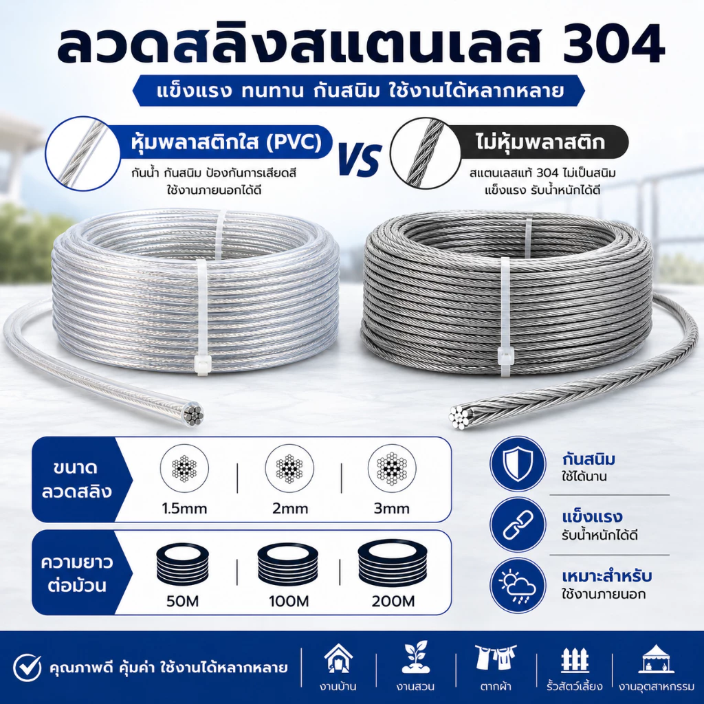 304 ลวดสลิงสแตนเลส 7x7 ขนาด 2มม-5มม.ทนทานไม่เป็นสนิม 100%มีสต๊อกพร้อมส่งจากกรุงเทพฯ 50m/100m/200m