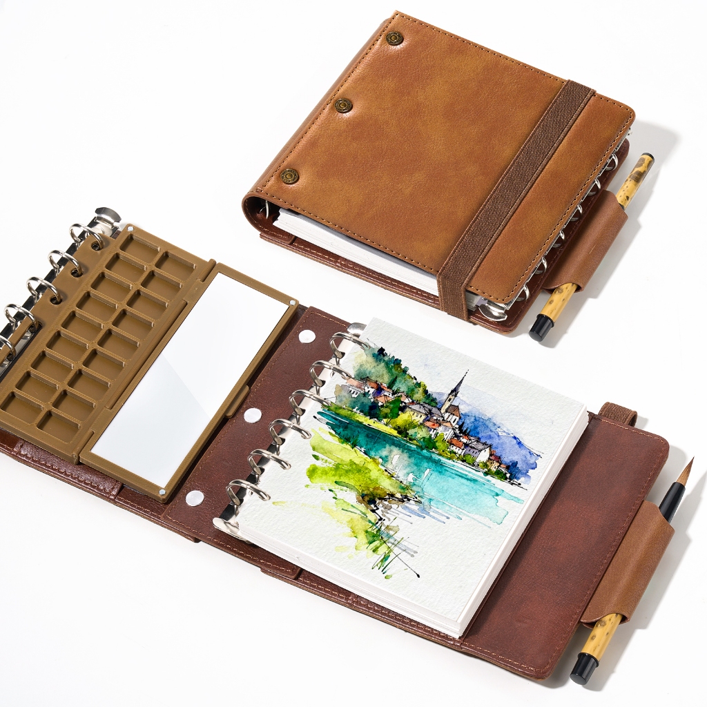 LIGHTWISH Portable Watercolor Sketchbook Set - 1113CM Travel Art Journal พร้อมกระดาษผ้าฝ้าย 100%, จานสีเซรามิกและแปรงสีน้ําสําหรับภาพวาดกลางแจ้งและร่างเมือง