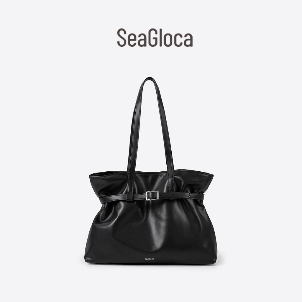 SeaGloca สีดําความจุขนาดใหญ่ Tote Bag Chic หนังนุ่ม Belted Design สําหรับ Commute สําหรับผู้หญิงไม่มี 10005