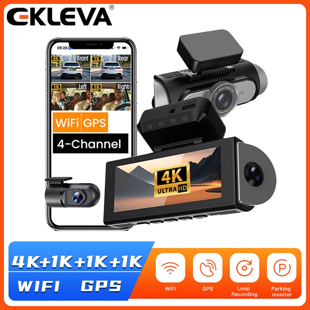 EKLEVA 4K+1K+1K+1K WiFi รถ DVR Cam เครื่องบันทึกวิดีโอ Fisheye 360° กล้อง Dash แบบพาโนรามา 4CHs 2160