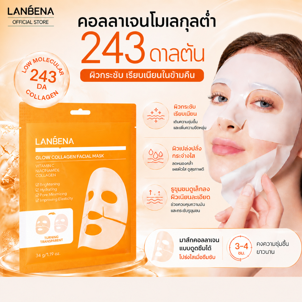 LANBENA Glow Collagen Facial Mask 34g มาส์กหน้าคอลลาเจน บำรุงผิว ชุ่มชื้น ผิวเนียนเรียบ สดใส ดูแลผิวหน้า