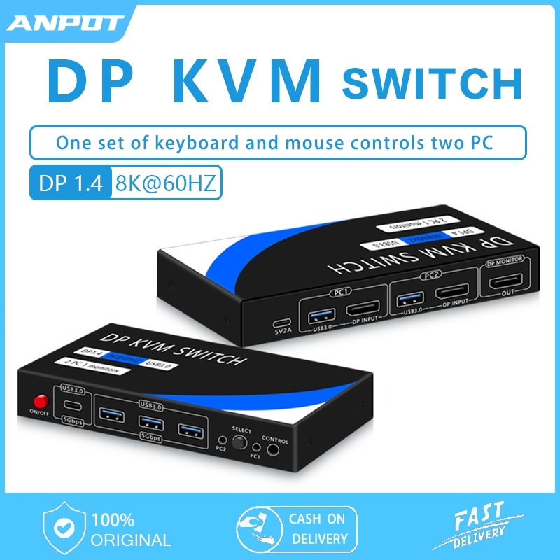 DP KVM Switch 2 Port DisplayPort1.4 8K Monitor 8K@60Hz 4K@144Hz with 4xUSB3.0 Ports Sharing Keyboard