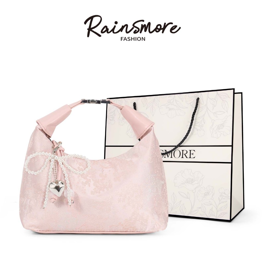 RAINSMORE กระเป๋าสะพายข้างผู้หญิง | ลายปักสไตล์วินเทจ ทรงถังเอกลักษณ์ ดีไซน์ส zipper ตกแต่ง เปลี่ยนได้ทั้งสะพายข้าง/ถือมือ สำหรับหน้าร้อน/วันทำงาน ของขวัญปีใหม