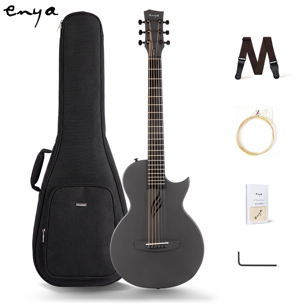Enya Nova Go Carbon Fiber Acoustic Guitar Strap 1/2 ขนาดเริ่มต้นผู้ใหญ่ Travel Actica Guitarra w/ Bundle Kit of Colourful Pack, Gig Bag, ผ้าทําความสะอาด, String (สีดํา)