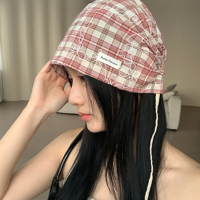 ญี่ปุ่น Niche บางสไตล์ Checkered Baotou หมวกหญิงฤดูร้อนสไตล์ Pastoral วรรณกรรมหมวกแฟชั่น Laced-up Pile หมวก