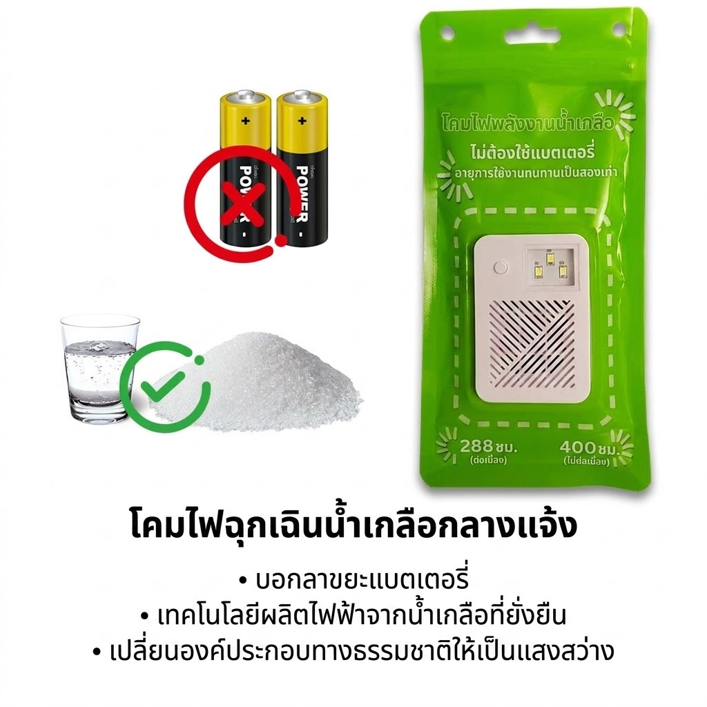 ไฟฉุกเฉินพลังงานน้ำเกลือ ไม่ต้องชาร์จ ไม่ใช้ถ่าน สว่างนาน 280 ชม. ไฟ LED พกพา สำหรับตั้งแคมป์ ตกปลา ไฟสำรองตอนไฟดับ