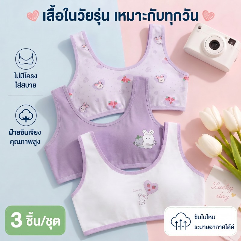 ชุดชั้นในเด็กผู้หญิง 3 ชิ้น ผ้าฝ้ายนุ่ม ระบายอากาศดี ไร้รอยต่อ ไม่มีโครงลวด ใส่สบาย เหมาะสำหรับเด็กอายุ 8-12 ปี ชุดชั้นในเด็กผู้หญิงวัยรุ่น ชุดชั้นในเด็กผู้หญิงประจำวัน ชุดชั้นในเด็กผู้หญิงใส่สบาย