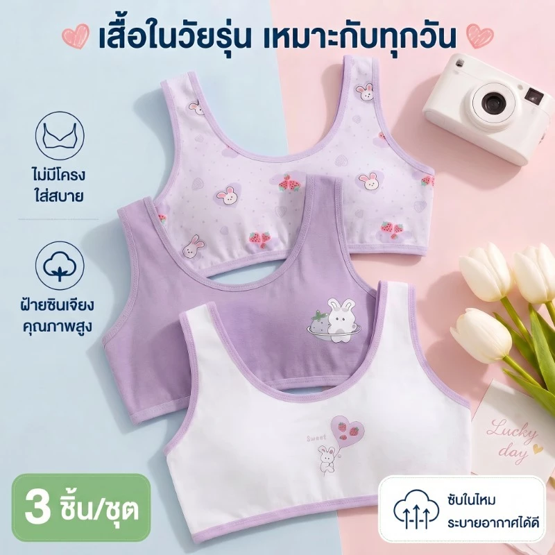 ชุดชั้นในเด็กผู้หญิง 3 ชิ้น ผ้าฝ้ายนุ่ม ไร้รอยต่อ ไม่มีโครงลวด ระบายอากาศดี ใส่สบายทุกวัน สำหรับเด็กอายุ 8-12 ปี