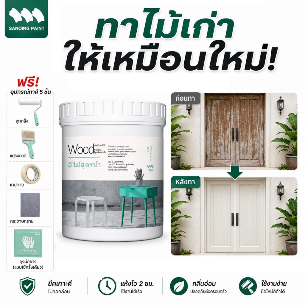 SanQing Paint สีน้ำทาไม้ สีทาไม้ กันน้ำ กันรา แห้งเร็ว ไม่มีกลิ่น เปลี่ยนสีเฟอร์นิเจอร์ ประตู หน้าต่าง ใช้ภายในภายนอก แถมอุปกรณ์ทาสี สีขาว สีชมพู สีพาสเทล