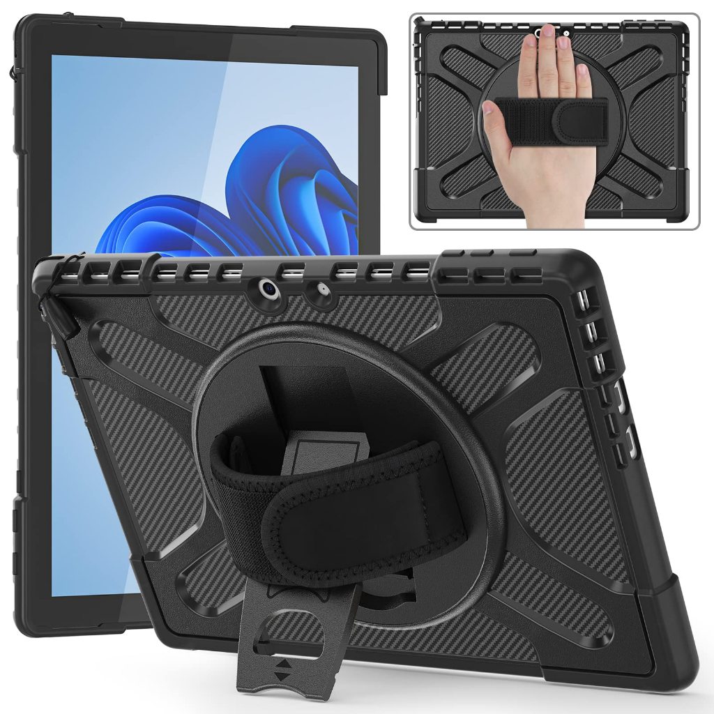 NEOMIXX เคสกันกระแทกที่ทนทานสําหรับ Microsoft Surface Pro 12/11/10/9/8/7+/7/6/5/4, Go 1/2/3/4, พร้อม 360°ขาตั้งหมุนได้ สายคล้องมือ ใช้ได้กับคีย์บอร์ด Microsoft Type Cover
