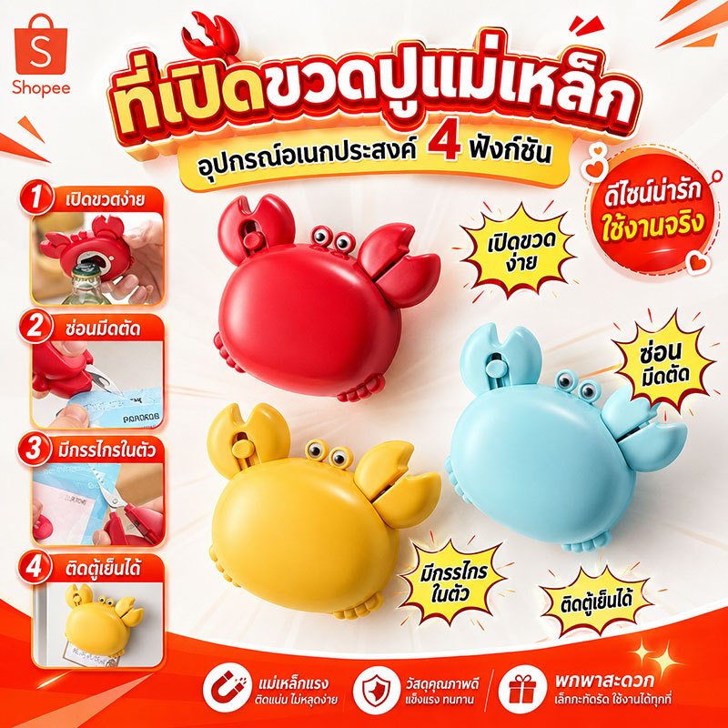 ที่เปิดขวดรูปปูแม่เหล็ก 4in1 แม่เหล็กติดตู้เย็น มีดเปิดกล่อง กรรไกรจิ๋ว อุปกรณ์ครัวน่ารัก