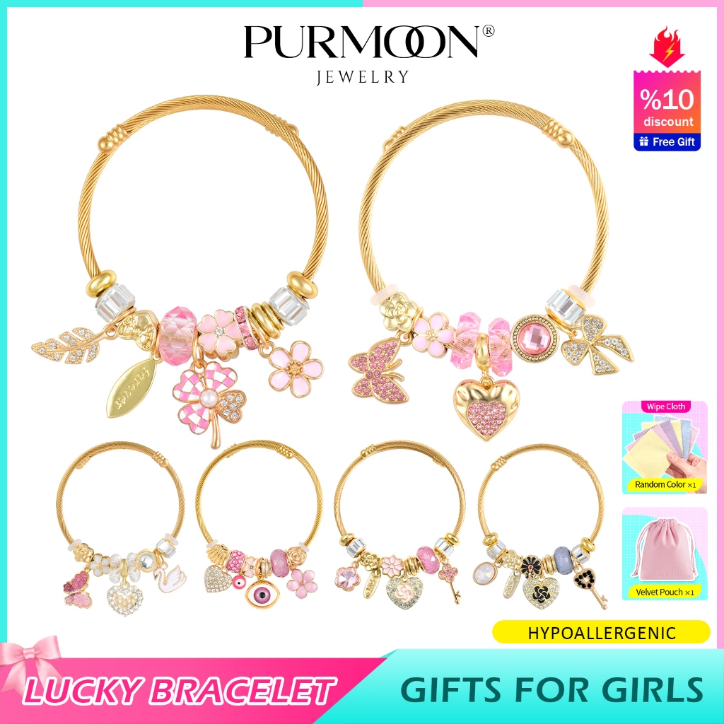 Purmoon Cystal ดอกไม้ชุบทองและผีเสื้อ Charm กําไลข้อมือสร้อยข้อมือผู้หญิงแฟชั่น Lucky สร้อยข้อมือเครื่องประดับ