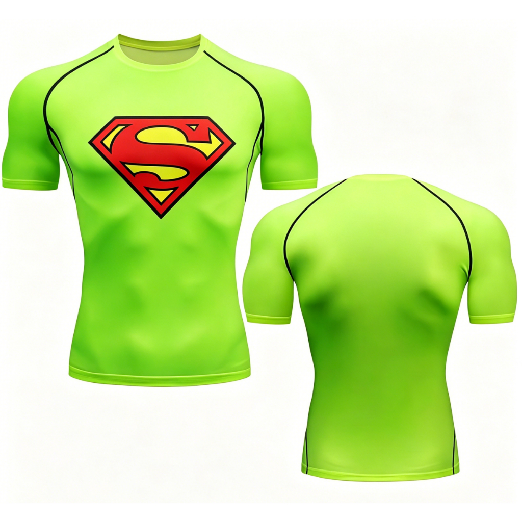 ซูเปอร์แมนเสื้อบีบอัดผู้ชายแขนสั้นแห้งเร็วยิมออกกําลังกายฟิตเนสวิ่งกีฬาเสื้อยืดยืดหยุ่นแข็งแรงท็อปส์ผื่นยามสําหรับผู้ชาย