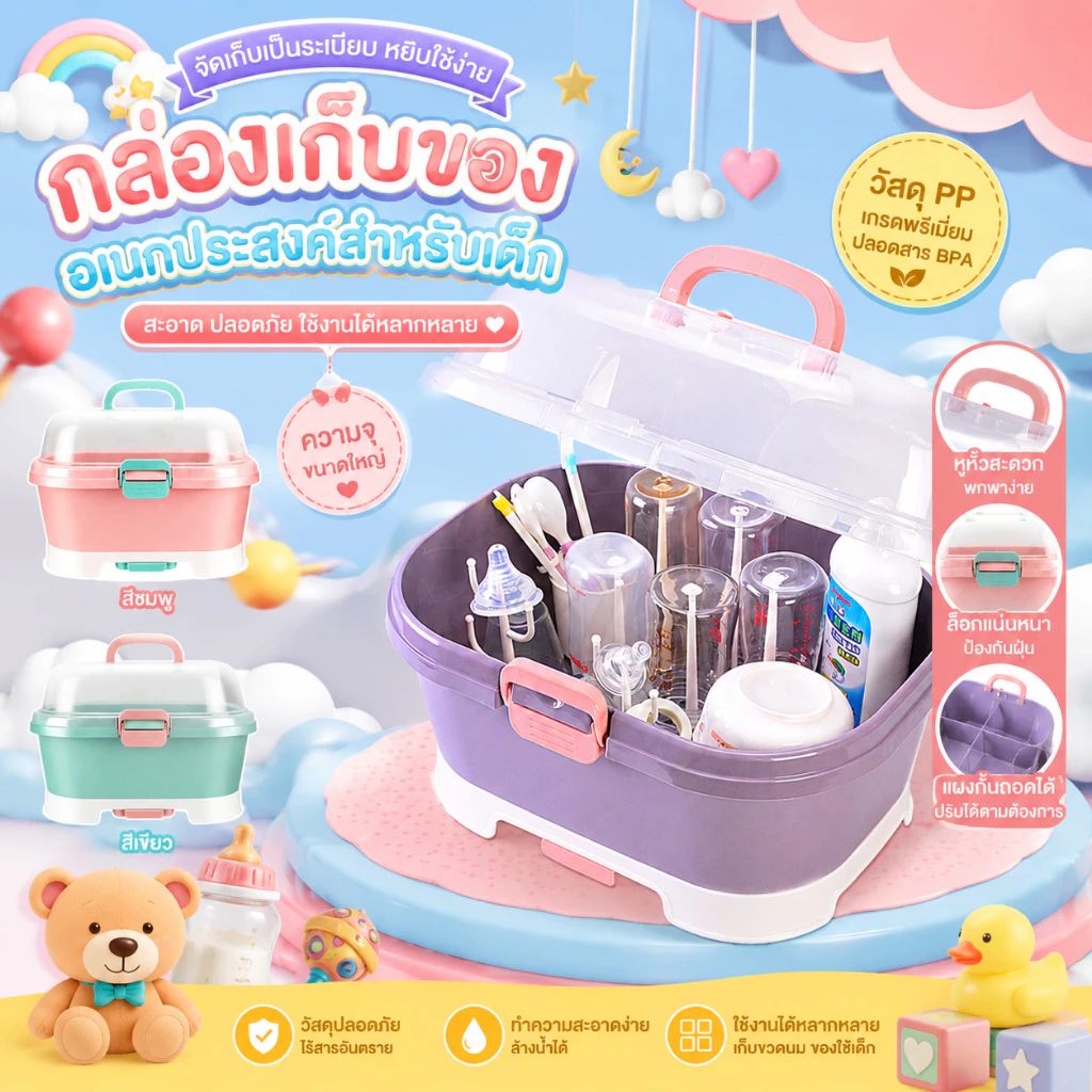 กล่องเก็บขวดนมเด็ก พร้อมหูหิ้วพกพาง่าย ที่เก็บขวดนม กล่อง อาหารเด็กกันฝุ่นบนโต๊ะอาหารตู้ถ้วยภาชนะ กล่องเก็บขวดนมเด็ก
