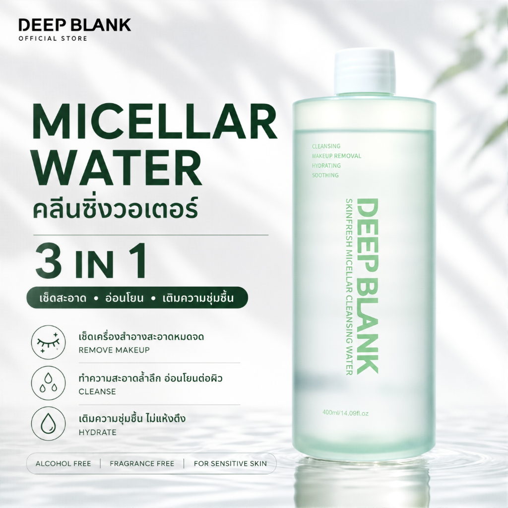 DEEP BLANK Cleansing Water คลีนซิ่ง น้ำ 3 in 1 อ่อนโยน สลายเมคอัพ เหมาะสม ผิวเป็นสิว แพ้ง่าย 400ml
