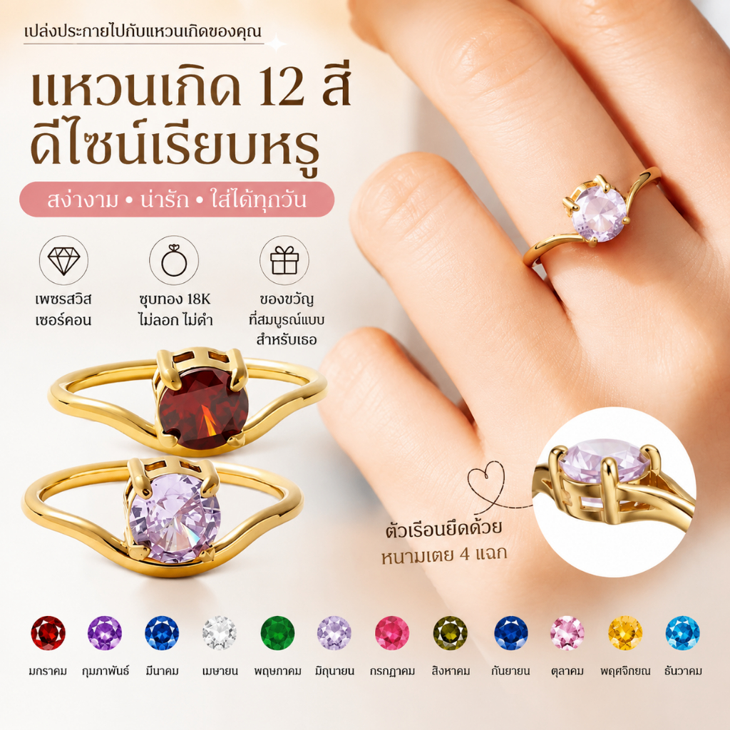 [STDELAN] แหวนแต่งงาน แหวนหินกำเนิด 12 สี สีสันสดใส ดีไซน์พิถีพิถัน เหมาะสำหรับสวมใส่และมอบเป็นของขวัญ ไม่ระคายเคืองผิว ไม่เกิดสนิม คุณภาพดี เสริมดวง