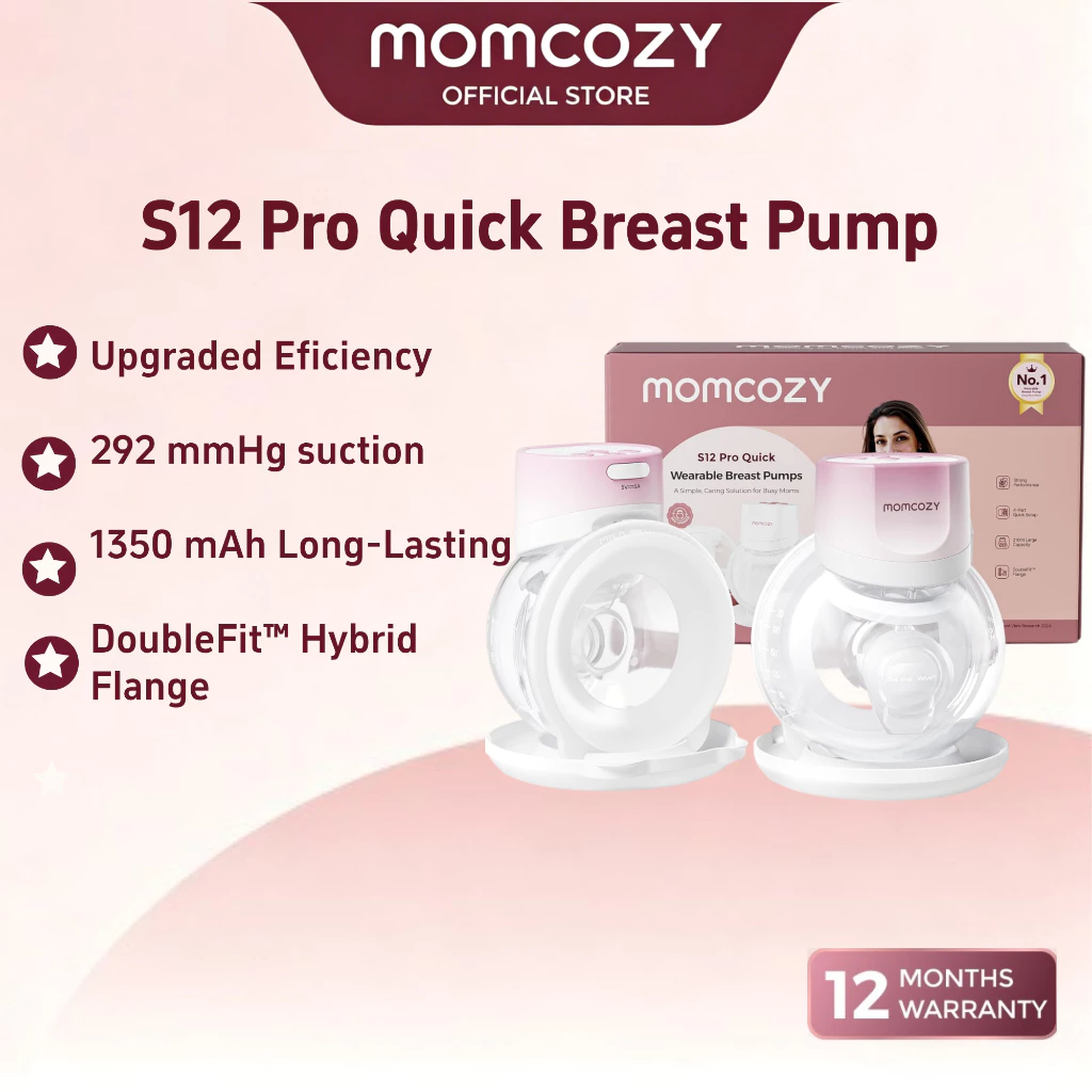 เครื่องปั๊มนม โมโมโคซี่ ส12 มือโปร เร็ว,แฮนด์ฟรีสวมใส่และไร้สายปั๊ม,ที่มีหน้าแปลนไฮบริด ดับเบิ้ลฟิต,3โหมดและ9ระดับไฟฟ้าปั๊มแบบพกพา,จอแสดงผลสมาร์ท,2นับ,สีขาว&สีชมพู