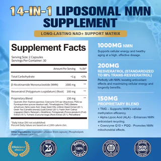 Totaria NMN อาหารเสริม 1000mg, 14-in-1 Liposomal NMN Resveratrol Complex พร้อม CoQ10, TMG, Quercetin, ALA, PQQ, รองรับระดับ NAD, Energy & Aging สุขภาพดี