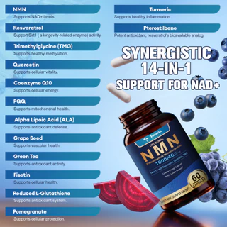 Totaria NMN อาหารเสริม 1000mg, 14-in-1 Liposomal NMN Resveratrol Complex พร้อม CoQ10, TMG, Quercetin, ALA, PQQ, รองรับระดับ NAD, Energy & Aging สุขภาพดี