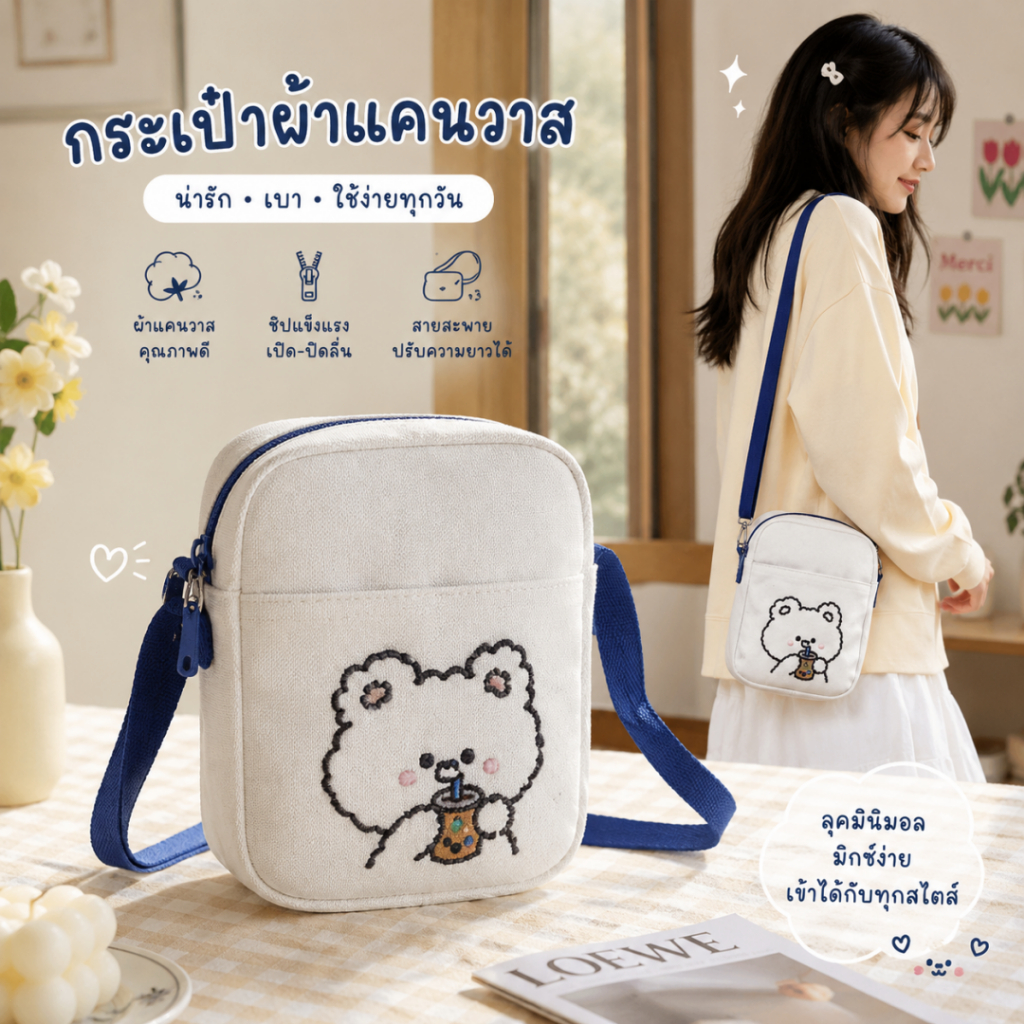 กระเป๋าสะพายข้าง หมีปุย ผ้าแคนวาส ใบเล็ก มีสายปรับระดับได้ พร้อมพวงกุญแจ สไตล์เกาหลี  【LuckServeX】