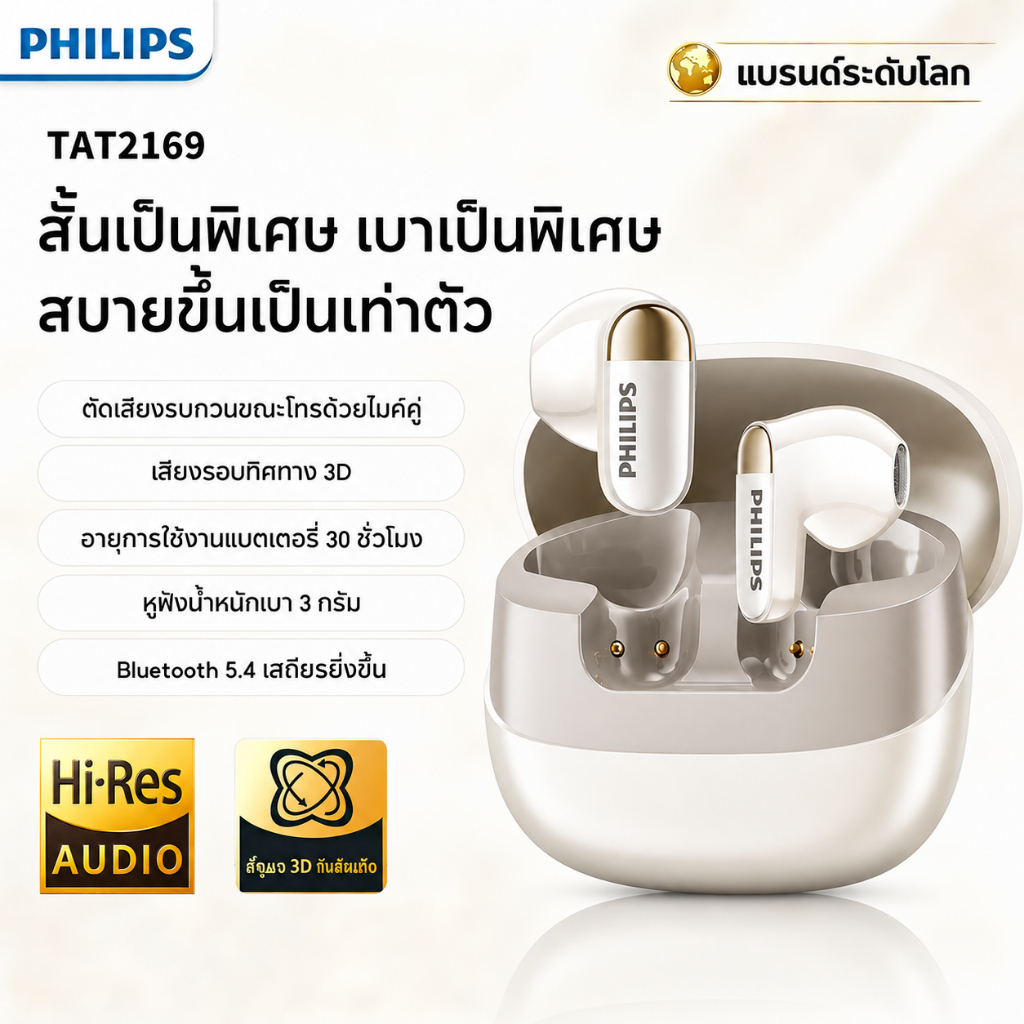 【พร้อมส่งจากไทย】PHILIPS TAT2169 ชุดหูฟังไร้สายบลูทูธ Bluetooth 5.4 เวอร์ชัน AI Smart Call ลดเสียงรบกวนไมโครโฟนในตัว IPX5 กันน้ำ Low Latency Gaming ชุดหูฟังกีฬา ของแท้ 100%