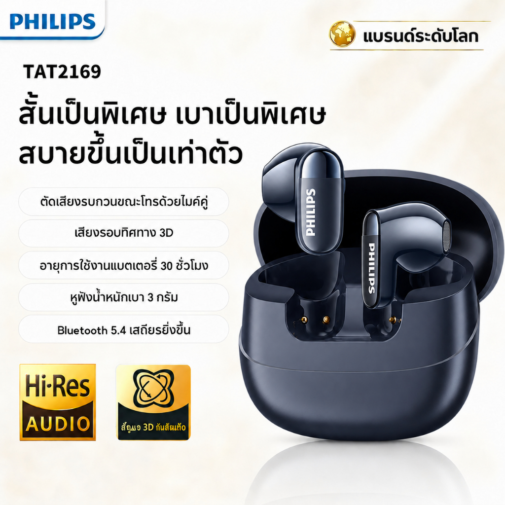 2026 ใหม่PHILIPS TAT2169 ชุดหูฟังบลูทูธ AI สมาร์ทโทรลดเสียงรบกวนรองรับคุณภาพเสียงสูงเพลงเกม ไอพีเอ็กซ์5 กันน้ํากีฬาชุดหูฟังไร้สาย ของแท้ 100%