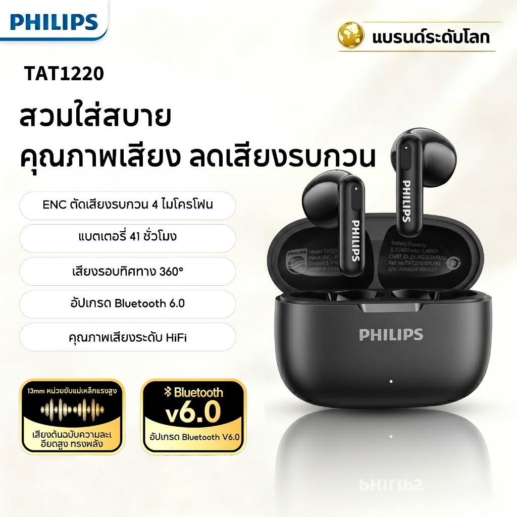 [คลังสินค้าพร้อมในประเทศไทย] PHILIPS TAT1220 หูฟังไร้สายบลูทูธเวอร์ชั่น 5.4 ระบบ AI อัจฉริยะ ลดเสียงรบกวนในการโทร IPX4 หูฟังบลูทูธสำหรับเล่นกีฬากันน้ำและกันเหงื่อ ของแท้ 100%