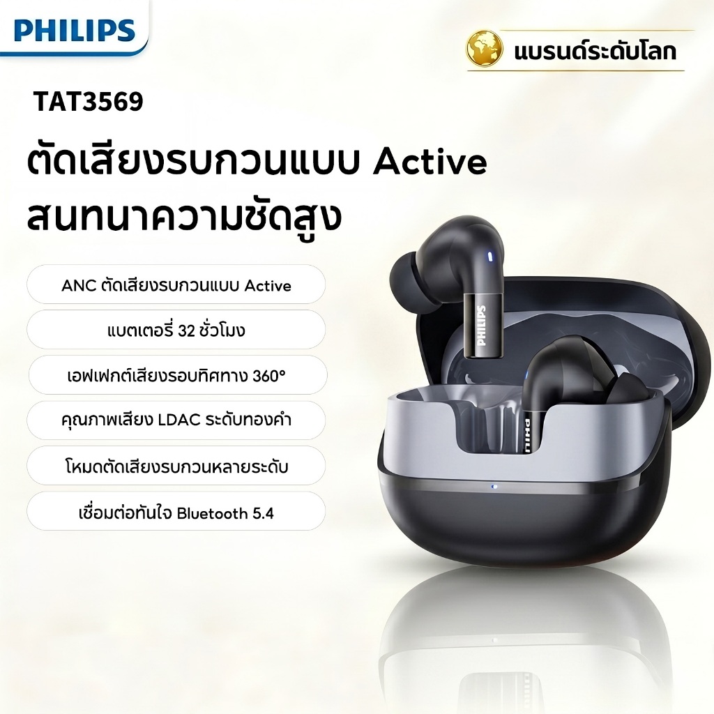Philips TAT3569 หูฟังบลูทูธไร้สายแบบสวมในหู สำหรับออกกำลังกายและวิ่ง พร้อมระบบ ANC และ AI ลดเสียงรบกวนขณะสนทนา รุ่นใหม่ปี 2026 แท้ 100%
