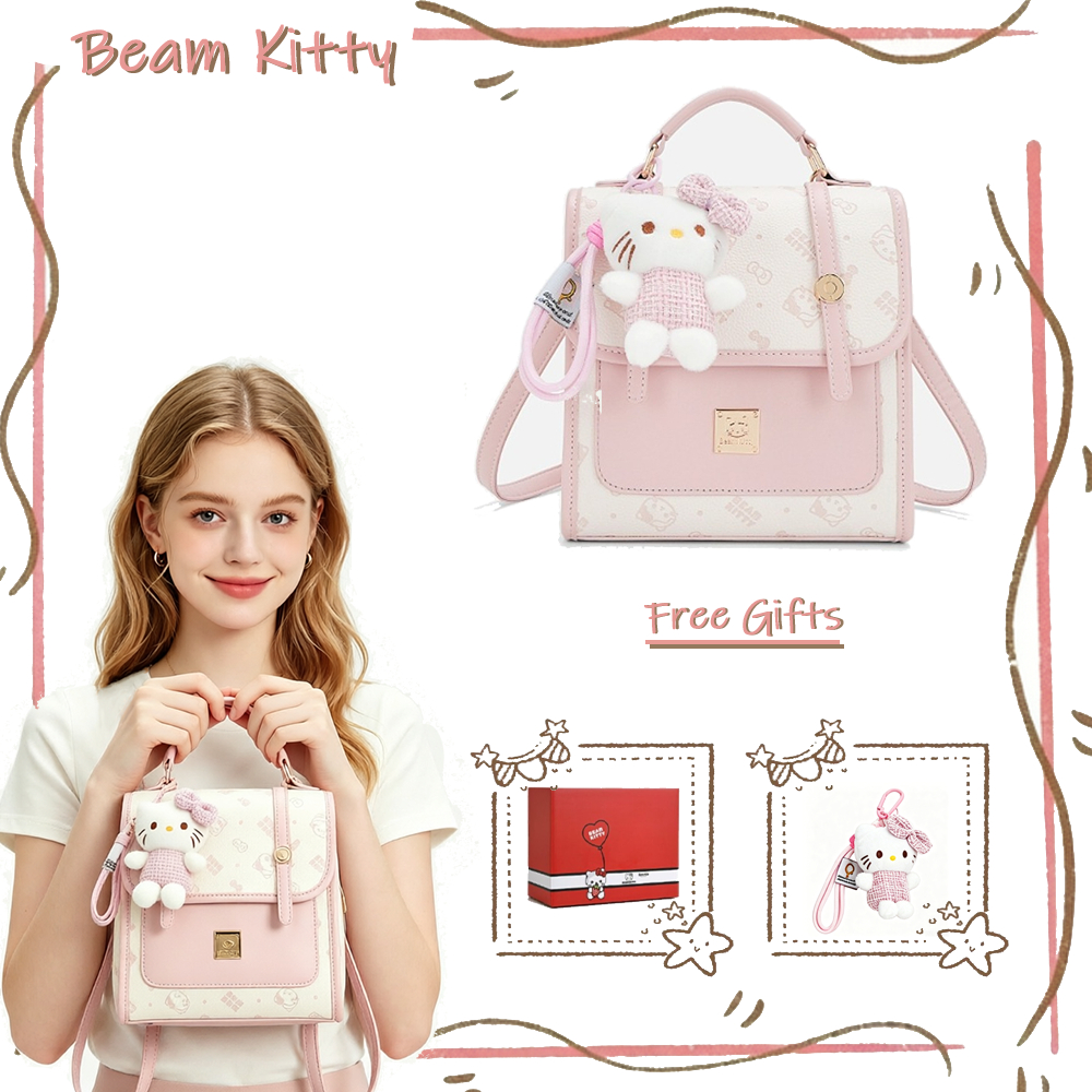 Beam Kitty กระเป๋าเป้สะพายหลังลูกแมวน่ารักพิมพ์ลายเต็มรูปแบบพร้อมจี้ตุ๊กตาทุกวันกระเป๋าผู้หญิงทุกคู่